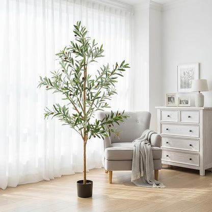 Olive Trees Artificial Indoor, 6FT Tall Faux Olive Tree with Black Pot, Moss, Lifelike Wood Trunk and Fruits,Suitable for for Modern Home Office House Living Room Decor