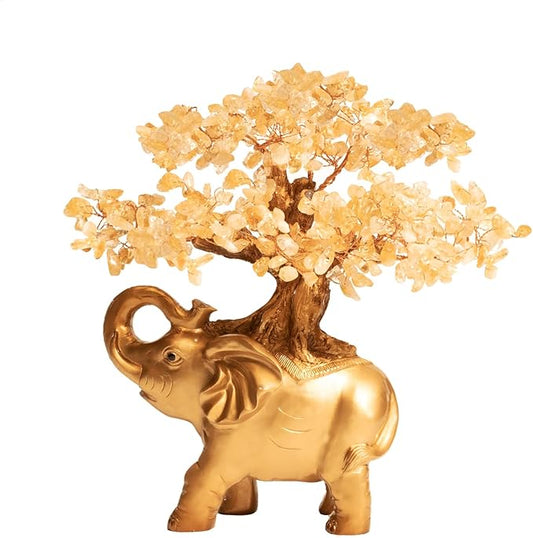 Citrine Crystal Money Tree on Gold Mini Elephant Statue, 10”Gemstone Bonsai Tree of Life Home Décor Gifts for Wealth Positive Energy, Feng Shui Décor