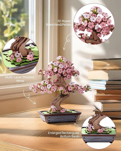Rowood 3D Wooden Puzzles for Adults,DIY Cherry Blossom Bonsai Tree Botanical Collection Building Set,Craft Kit Gift for Adults on Christmas Birthday ThanksgivingDay-Sakura Bonsai