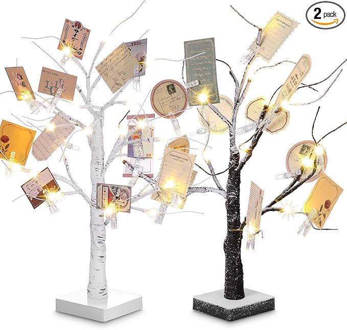 Coume 2 Pcs Money Tree Gift Holder Gift Card Holder with 18 Inch LED Lights Birch Money Tree Decorations Battery Powered Tables Centerpieces with 30 Clear Clips for Christmas Party Wedding Birthday