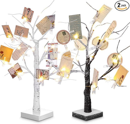 Coume 2 Pcs Money Tree Gift Holder Gift Card Holder with 18 Inch LED Lights Birch Money Tree Decorations Battery Powered Tables Centerpieces with 30 Clear Clips for Christmas Party Wedding Birthday