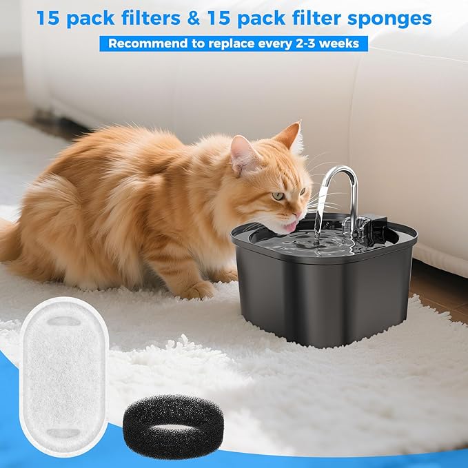 15+15 Pack Cat Water Fountain Filters, Pet Water Fountain Filters Replacement for Dog/Cat Stainless Steel Fountain 108oz/3.2L& 67oz/2L, 10 Months Set to Keep Drinking Fresh