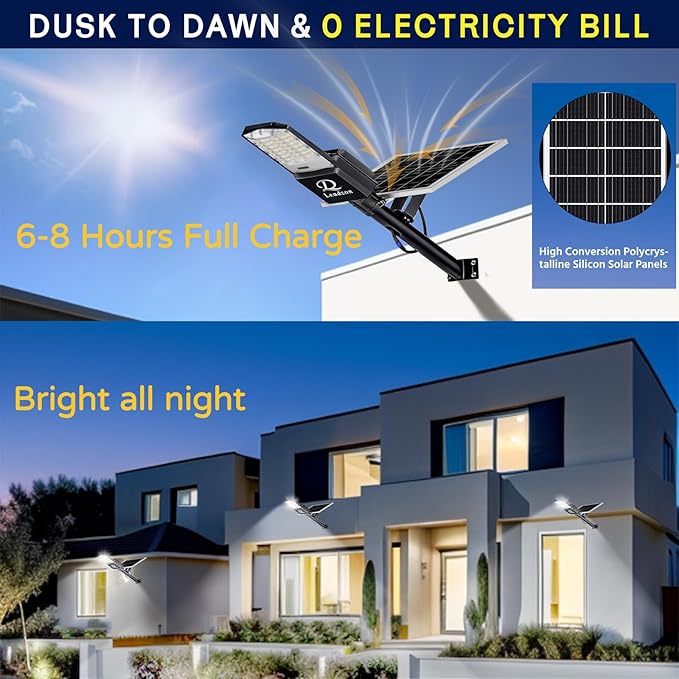 9500w Solar Street Lights Outdoor Waterproof Black, 450000LM Super Bright LED Beads Commercial Solar Flood Lights with Remote Control for Patio, Street, Court and Parkling Lot