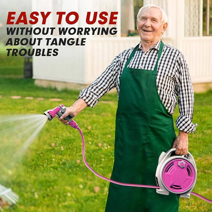 50FT Retractable Garden Hose Reel, Lightweight & Portable Hose Reel with 6 Patterns Spray Nozzle, Suitable for US Standard Hose Connection