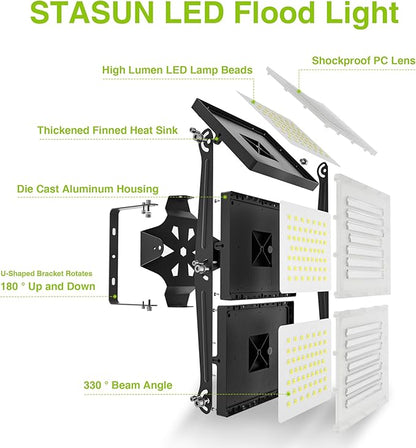 2 Pack LED Flood Lights Outdoor, STASUN 600W 60000lm 6000K Daylight White IP66 Waterproof, Commercial Parking Lot Lights, 3 Heads for Yard Street Stadium Outdoor Area Floodlight Bright Security Lights
