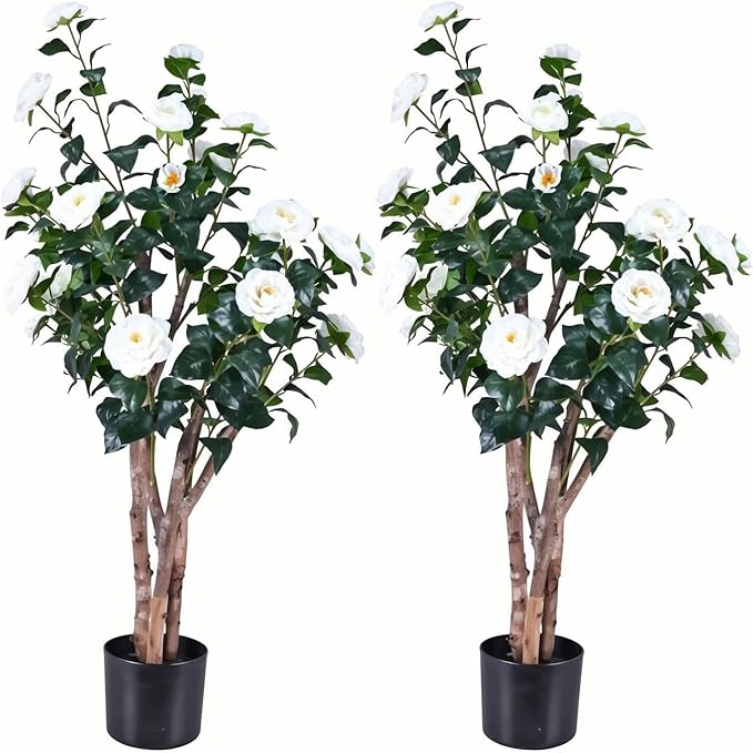 2pc 4ft Decorative Artificial Camellia Tree with White Flowers, Potted Faux Floral Plant, Realistic Blooming Fake Plants for Indoor Outdoor Home Front Door Planter Decor