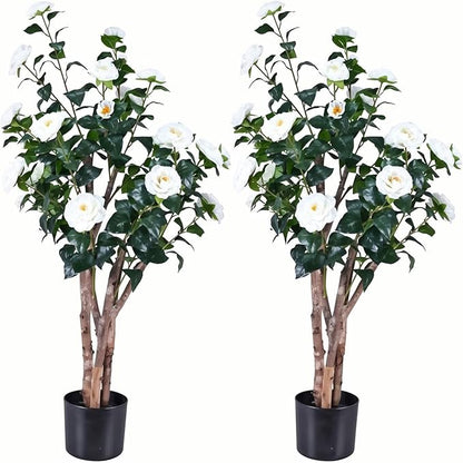 2pc 4ft Decorative Artificial Camellia Tree with White Flowers, Potted Faux Floral Plant, Realistic Blooming Fake Plants for Indoor Outdoor Home Front Door Planter Decor