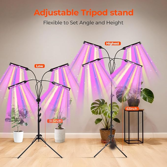 LED Grow Lights for Indoor Plants, 432 LEDs Red Blue White Full Spectrum Plant Lights for Indoor Growing with 15-63 inches Adjustable Tripod Stand, 4 Heads Grow Lamp with 4/8/12H Auto On/Off Timer
