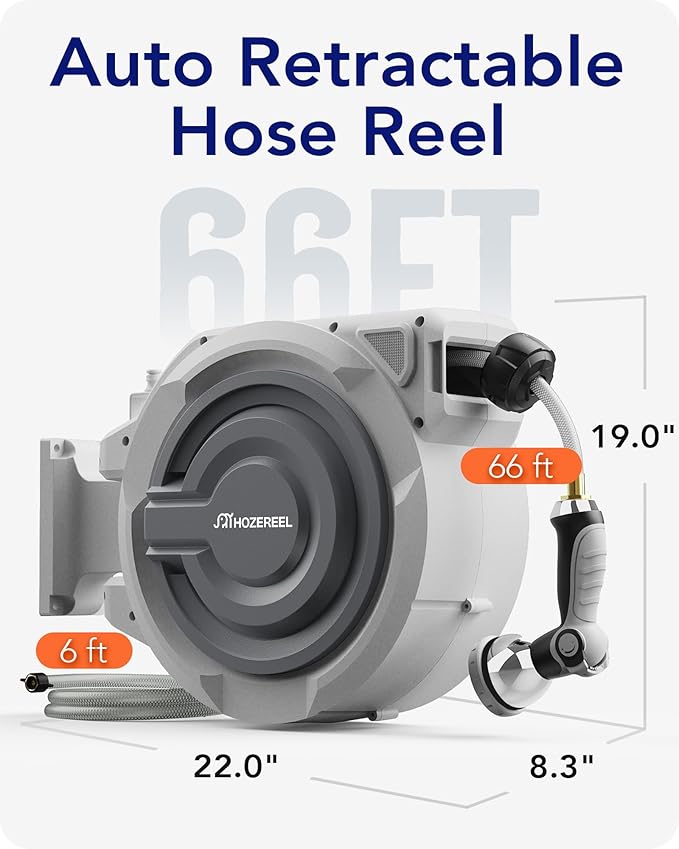 66 FT x 1/2" Retractable Garden Hose Reel by HOZEREEL, Outdoor Garden Hose Reels - Automatic Self Retract Wall Mount Hose Reel Enclosed Storage, Any Length Lock, 10 Pattern Nozzle-Grey