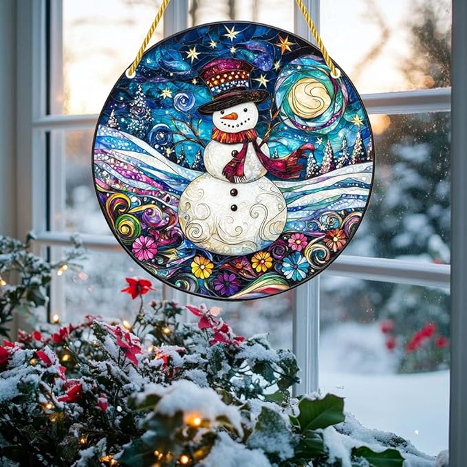 Acrylic Window Hanging Christmas Snowman Stained Panel Window Decoration for Outdoor Indoor Garden Yard Home Winter Decor 12 Inch