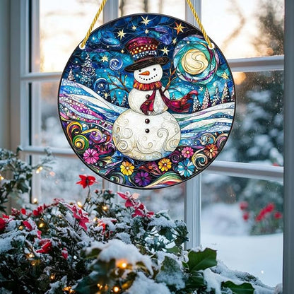 Acrylic Window Hanging Christmas Snowman Stained Panel Window Decoration for Outdoor Indoor Garden Yard Home Winter Decor 12 Inch