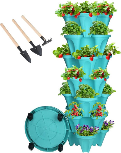 GameXcel Vertical Planter 7 Tier Stackable Planters Garden Planters Strawberry Herb Flower and Vegetable Planter Indoor Outdoor Gardening Pots with Removable Wheels and Tools