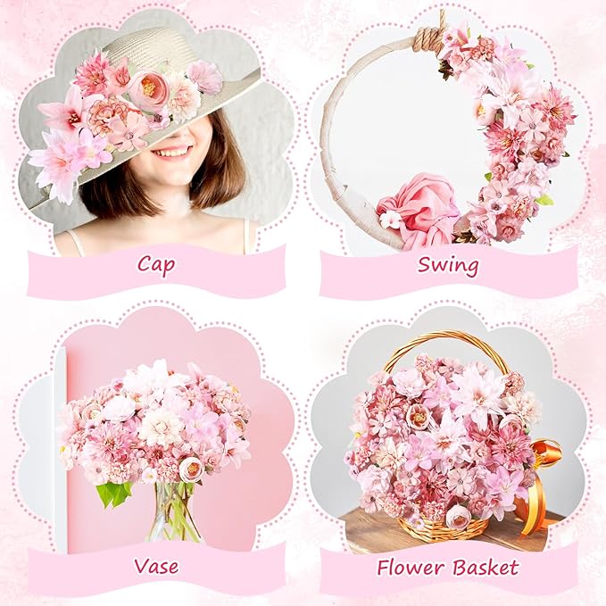 80 Pcs Assorted Fake Flower Heads Mini Artificial Flower Heads Bulk Silk Faux Daisy for Crafts Fake Peony Rose for Wedding Party Wreath Home Decoration(Pink)