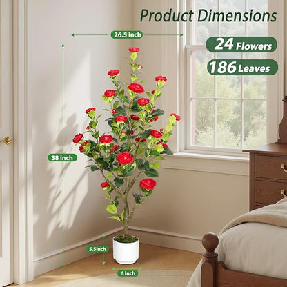 Artificial Camellia Tree 4FT – Nearly Natural Faux Plants Indoor, with Easy Assembly, Low Maintenance, Ideal for Both Indoor Decoration and Other Purposes，Perfect Porch Christmas Trees (White 4ft x2)