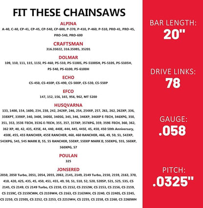 E & S 3 Pack 20 Inch Chainsaw Chain .325" Pitch .058" Gauge 78 Drive Links Semi-Chisel Chain Saw Chains for Husqvarna, Poulan, Craftsman, Greenworks and More Chainsaw Brands