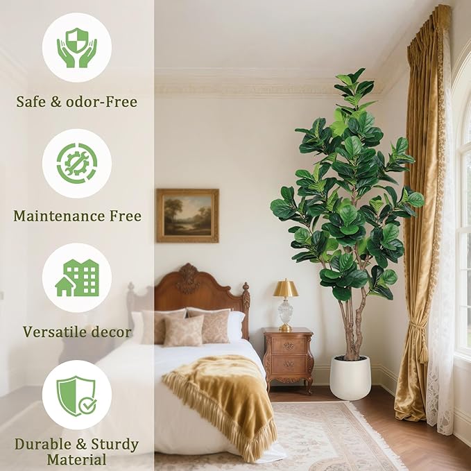 8 FT Artificial Fiddle Leaf Fig Tree with White Planter and Black Pebble, Tall Faux Ficus Lyrata with Thick Trunk and Emerald Leaves, Fake Ficus Tree for Office Home Indoor Decor
