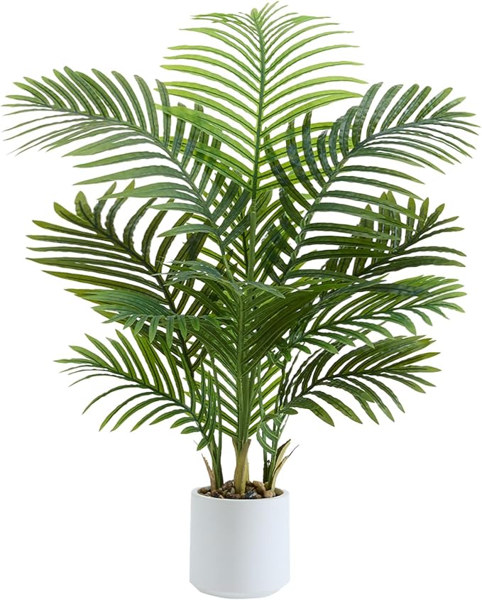 Artificial Palm Tree Indoor, 3.5FT Tall Faux Plants, Fake Tropical Silk Floor Plant with White Planter, Faux Areca Palm Plant Artificial Tree in Pot for Home Room Office Outdoor Patio Decor