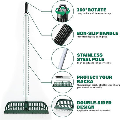 Artificial Turf Rake, 2 in 1 Turf Rake with Adjustable Steel Handle, 30" to 53" Long, 17.9 inch Wide for Artificial Grass and Lawn Leaf Removal, Carpet Rakes, Pet Hair Removal
