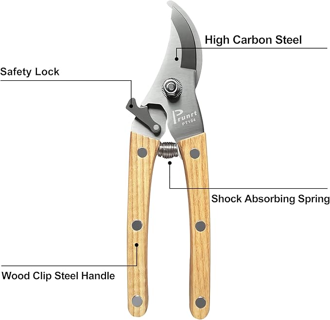 Pruning Shears, 7.5 Inch Garden Shears with 5/8 Inch Cut Capacity, Wood Clip Steel Handle, Professional Garden Clippers and Gardening Scissors, with Spare Spring