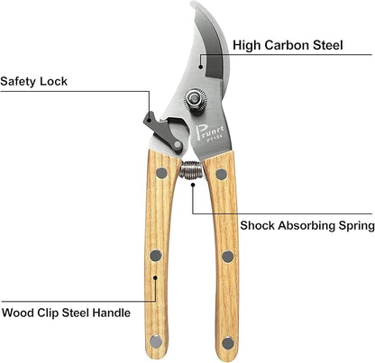 Pruning Shears, 7.5 Inch Garden Shears with 5/8 Inch Cut Capacity, Wood Clip Steel Handle, Professional Garden Clippers and Gardening Scissors, with Spare Spring