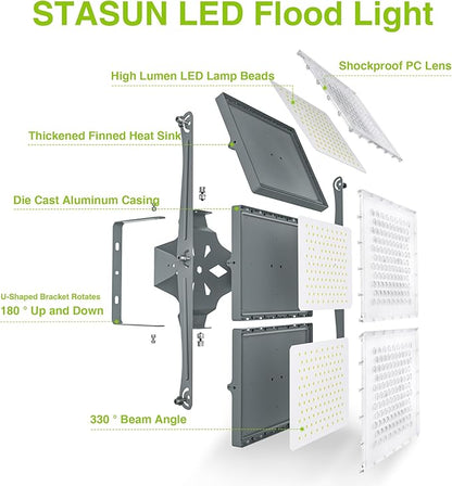 STASUN LED Flood Light Outdoor, Max Series 900W 90000lm 6000K Daylight IP66 Waterproof, Commercial Parking Lot Light,3 Heads for Yard Street Stadium House Floodlight Security Lights for Outdoor Area