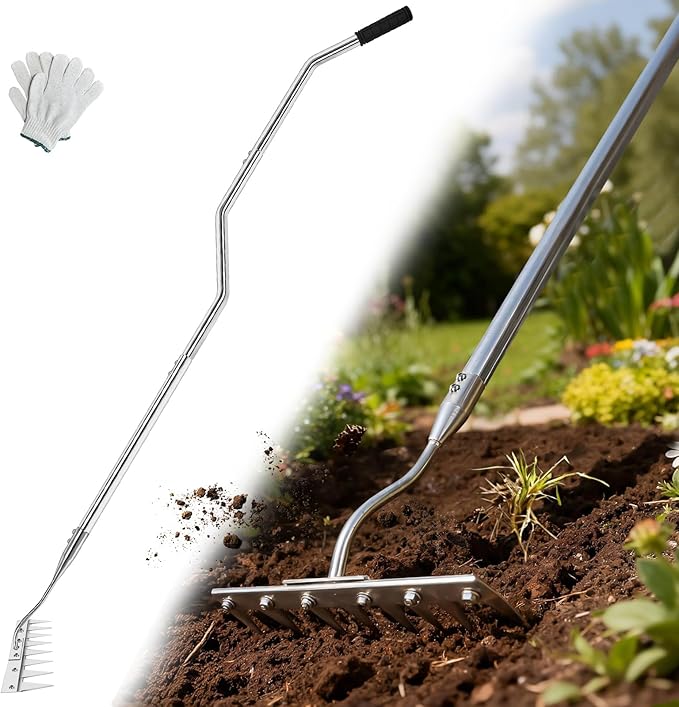 Weeding Rake Heavy Duty w 45’’ Ergonomic Curved Handle, 2026 Upgraded 8 Teeth Stainless Steel Weed Puller Tool w Weeding Blade, Cultivator Rake Gardening Tools for Yard, Flower Beds & Loosening Soil