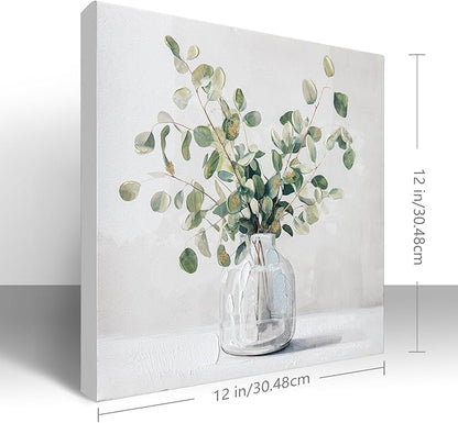 Eucalyptus Hand painted Canvas Wall Art, Eucalyptus Plant Painting Art Decor,Sage Green Botanical Canvas Print,Bathroom Pictures Rustic Wall Decor.Nature Flower Painting Artwork for Bedroom 12"x12"