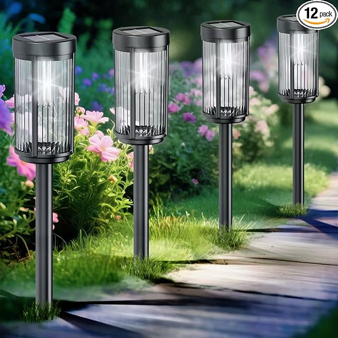 EXCMARK 12 Pack Outdoor Solar Lights Waterproof for Yard Garden Walkway Pathway Lawn Decorative Contemporary Landscape Lighting. (Cool White Light, 12)