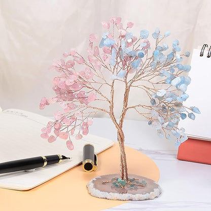 mookaitedecor Handmade Rose Quartz & Aquamarine Crystal Tree with Agate Slice Base, Bonsai Money Tree of Life for Wealth and Luck, Feng Shui Home Decor, Pink & Blue