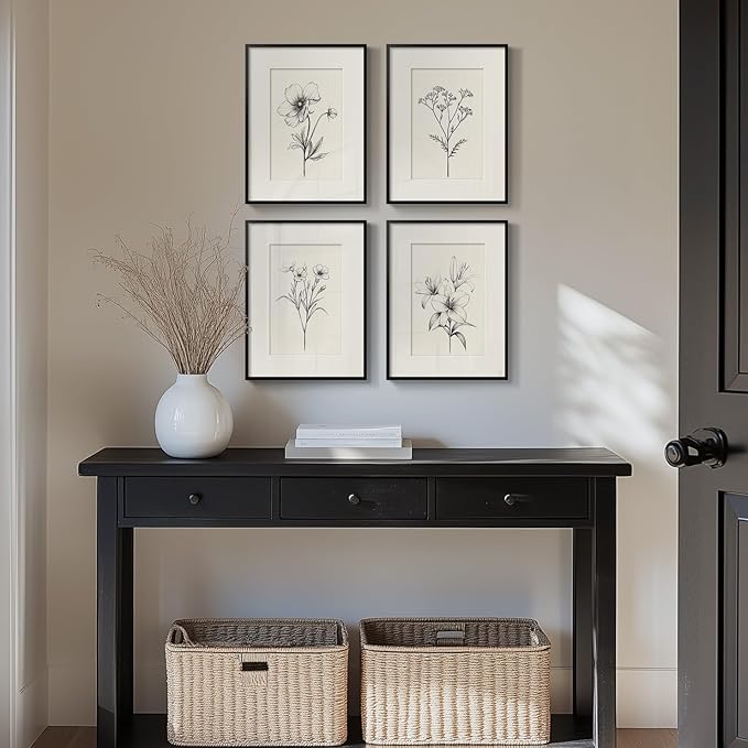 Framed Black and White Floral Wall Art for Living Room, Set of 4 Farmhouse Vintage Botanical Painting Print Wall Decor, Minimalist Rustic Artwork for Bedroom Bathroom Hallway Kitchen Walls, 12x16 Inch