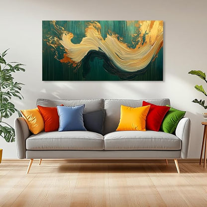 Abstract Marble Canvas Wall Art Paintings Green and Gold Canvas Wall Art Emerald Green Prints Posters Modern Abstract River Texture Pictures Wall Decor Artwork for Living Room, Bedroom, Office & Home Décor (24x48 Inches)
