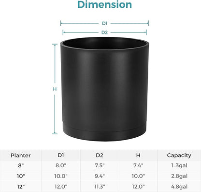 FaithLand 8-Inch Modern Cylinder Planter, Thick-Walled Plastic Plant Pot with Drainage Holes and Detachable Saucer, Matte Black, Ideal for Indoor & Outdoor Plants Flowers
