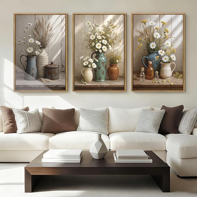 ANHUIB Vintage Floral Wall Art Rustic Farmhouse Flower Wall Decor Daisy Botanical Painting 16x24 Inch Set of 3 for Living Room Bedroom