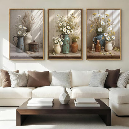 ANHUIB Vintage Floral Wall Art Rustic Farmhouse Flower Wall Decor Daisy Botanical Painting 16x24 Inch Set of 3 for Living Room Bedroom