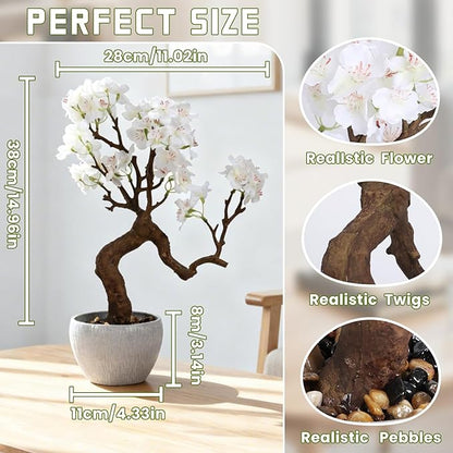 TOARTi Artificial White Cherry Blossom Potted Plant with Stone Pot, 12.2" Tall Fake Flowers Faux Plant Desk Decor, Decorative Plants Indoor Decor for for Home Bedroom Bathroom Office Desk
