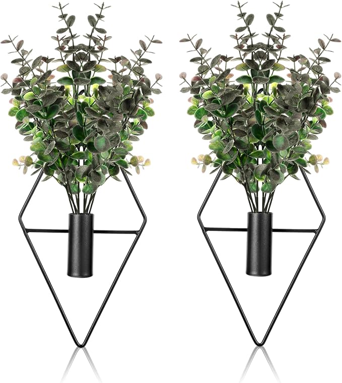 Wall Decor Hanging Planters with Artificial Plants, Modern Metal Wall Planter Set with Greenery Eucalyptus, Geometric Fake Plants for Black Decor Living Room Aesthetic (2 Pcs)