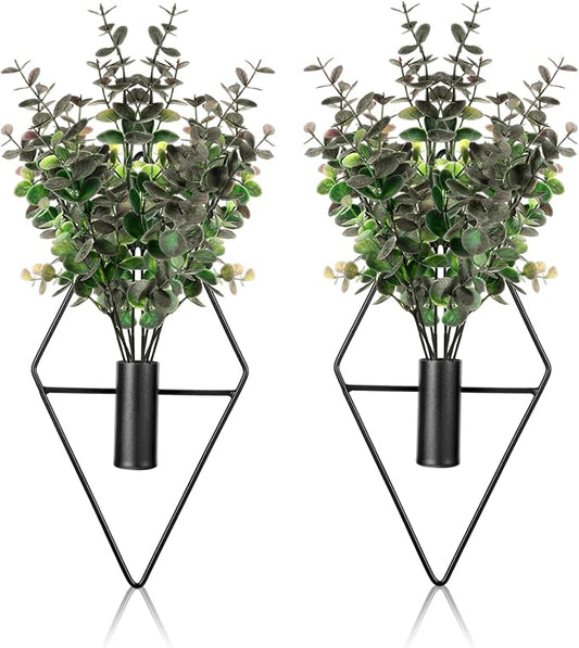 Wall Decor Hanging Planters with Artificial Plants, Modern Metal Wall Planter Set with Greenery Eucalyptus, Geometric Fake Plants for Black Decor Living Room Aesthetic (2 Pcs)