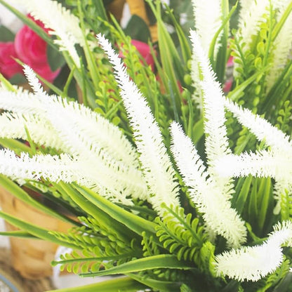 10 Bundles Artificial Plants Outdoor Fake Grass with Flowers UV Resistant Greenery Garden Porch Window Box Decorating (White)