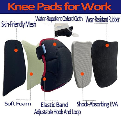 Work Knee Pads Made of Tear Resistant Oxford Cloth and Durable Rubber|Waterproof and Breathable Suitable for Mechanical Repairs and Yard Work|With Adjustable Straps Red