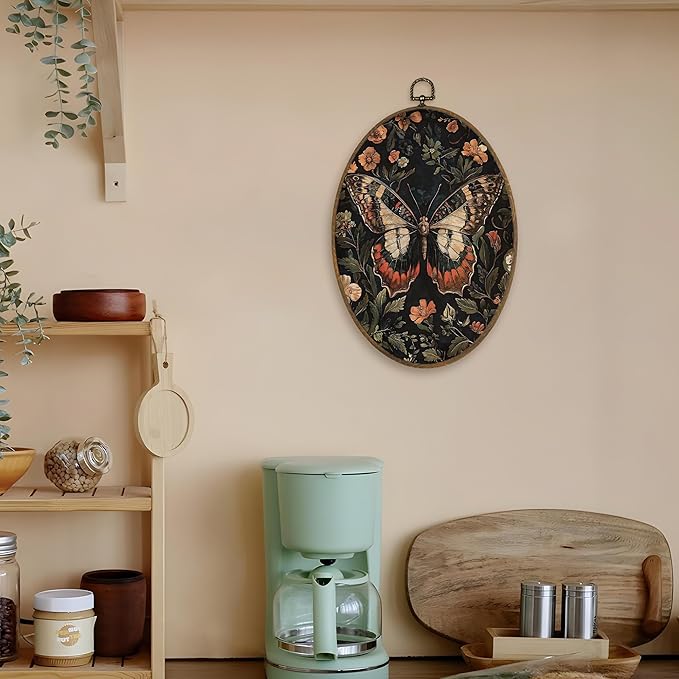 LKETW Vintage Butterfly Floral Oval Wall Art Decor, William Morris Cottagecore Butterfly Botanical Oval Canvas Hanging Decor, Moth Flower Wall Decorations for Home Bedroom Living Room, 8.6x11.4 Inch