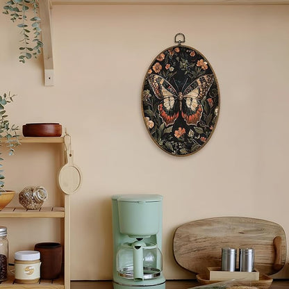 LKETW Vintage Butterfly Floral Oval Wall Art Decor, William Morris Cottagecore Butterfly Botanical Oval Canvas Hanging Decor, Moth Flower Wall Decorations for Home Bedroom Living Room, 8.6x11.4 Inch