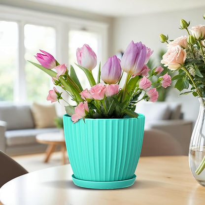 Aqua 6-Inch Plant Pots with Drainage & Saucers 18 Pack, Indoor & Outdoor Planters for Houseplants, Herbs, and Flowers, Durable & Weatherproof Material, Stackable, Lightweight, Minimalist Design