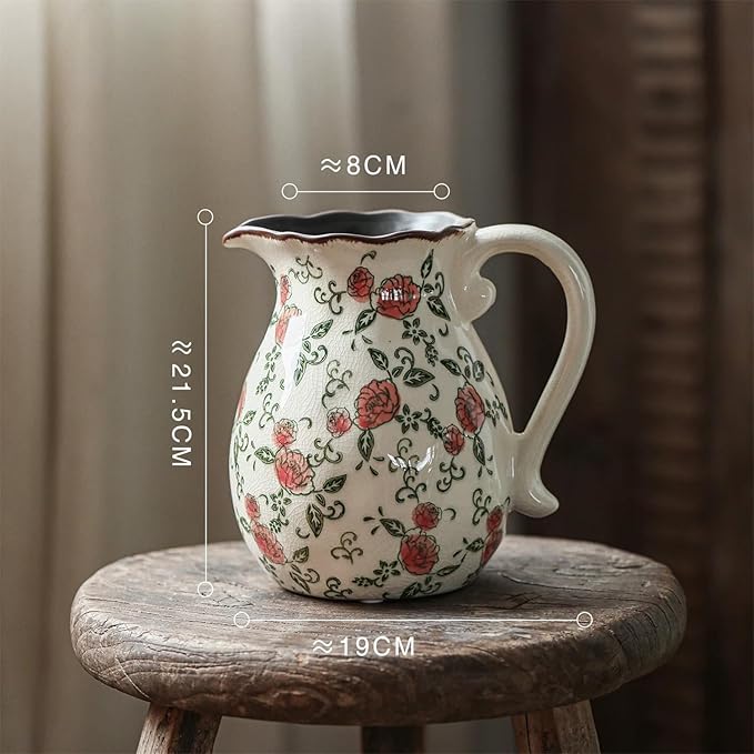 Vintage Ceramic Vase - 8.2 Inch Hand-Painted Roses with Ice Crackle Glaze Finish, American Farmhouse Style Pitcher Vase for Home Decor, Centerpiece, Shelf, Table, Office, Rustic Wedding Gift