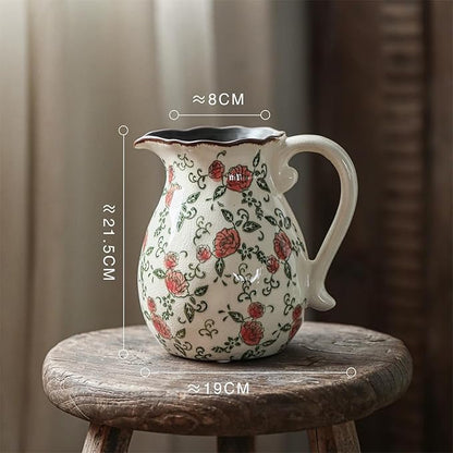 Vintage Ceramic Vase - 8.2 Inch Hand-Painted Roses with Ice Crackle Glaze Finish, American Farmhouse Style Pitcher Vase for Home Decor, Centerpiece, Shelf, Table, Office, Rustic Wedding Gift