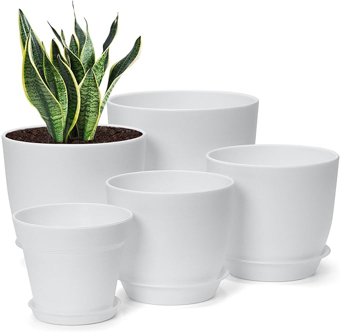 7 Pack Mix Size Plastic Plant Pots, 6.2/5.4/4.8/4.5/4 inch Indoor Planters with Drainage Holes and Tray, Thickened Plastic Flowers Pots for Plants, Succulents, Snake Plant and Cactus, White