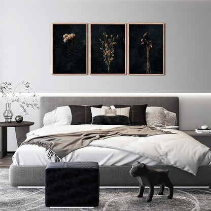 Ausril Moody Dark Orange Floral Framed Canvas Wall Art Set, Minimalist Wildflower Wall Decor, Black Flower Botanical Wall Painting, Modern Art Print for Living Room, Bedroom, Office 16"x24"x3