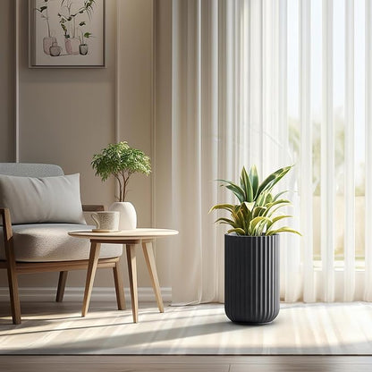 Kante Tall Fulted Planter, 17.7 Inch Tall Round Concrete Plant Pots with Drainage Hole and Rubber Plug, Modern Decor for Indoor Outdoor Plants, Flower, Black