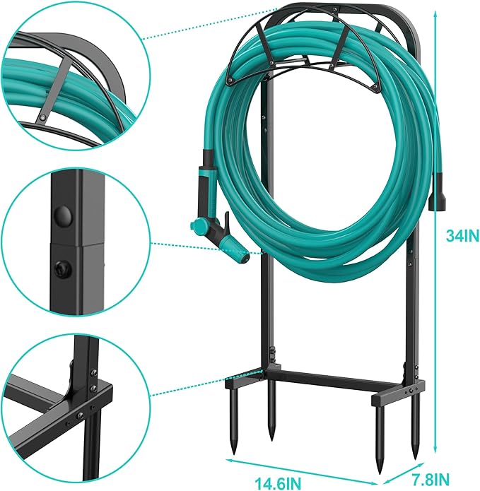 Meykwod Garden Hose Holder, Heavy Duty Water Hose Holder with 4 Spikes Holds 150ft Water Hose, Sturdy Freestanding Hose Stand Hose Hanger Hose Storage for Outside Yard Lawn (Metal, Black)