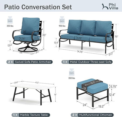 PHI VILLA 6 Piece Patio Furniture Sets with 1 x 3-Seat Deep Seating Bench, 2 x Cushioned Swivel Sofa Chairs, 1 x Coffee Table & 2 Ottoman, Outdoor Metal Conversation Set for Lawn Garden, Navy Blue
