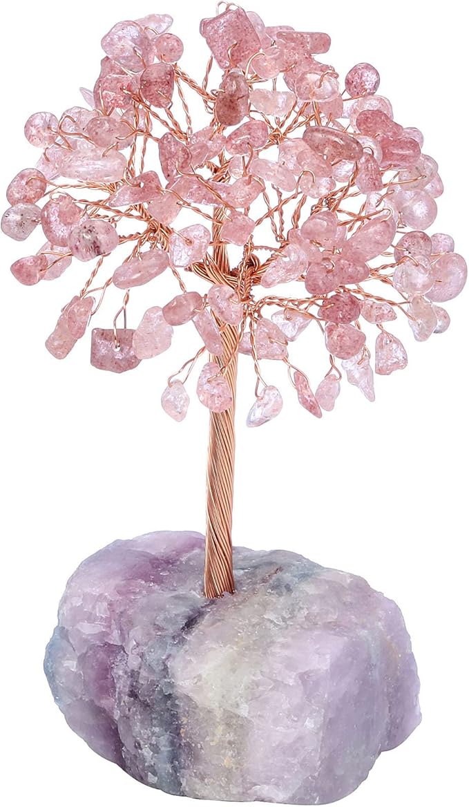 Jovivi Natural Strawberry Quartz Crystal Tree, Raw Healing Crystals Fluorite Base Bonsai Money Tree for Home Office Table Decor Wealth and Luck